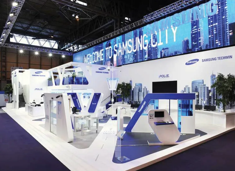 Wide view of Samsung City exhibition with integrated product and solution areas
